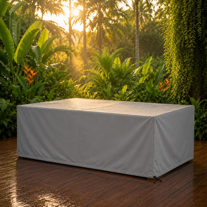 Capa impermeável cinza para sofá externo em jardim tropical — Vila Mart