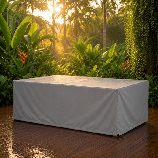 Capa impermeável cinza para sofá externo em jardim tropical — Vila Mart