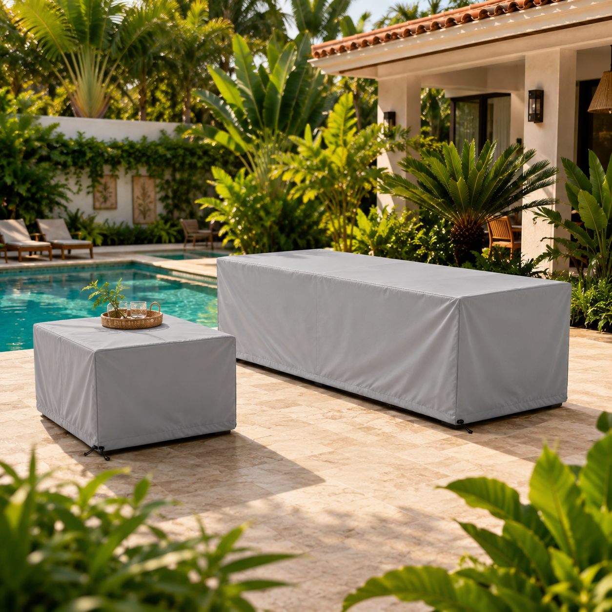 Capa impermeável cinza para sofá próximo à piscina