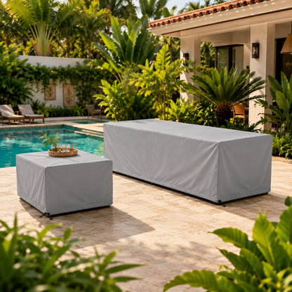 Capa impermeável cinza para sofá próximo à piscina