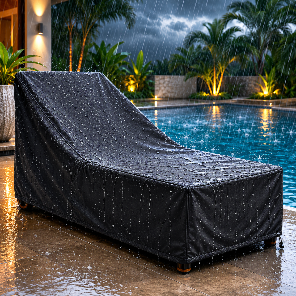 Capa para espreguiçadeira em área de piscina durante chuva — impermeabilidade comprovada