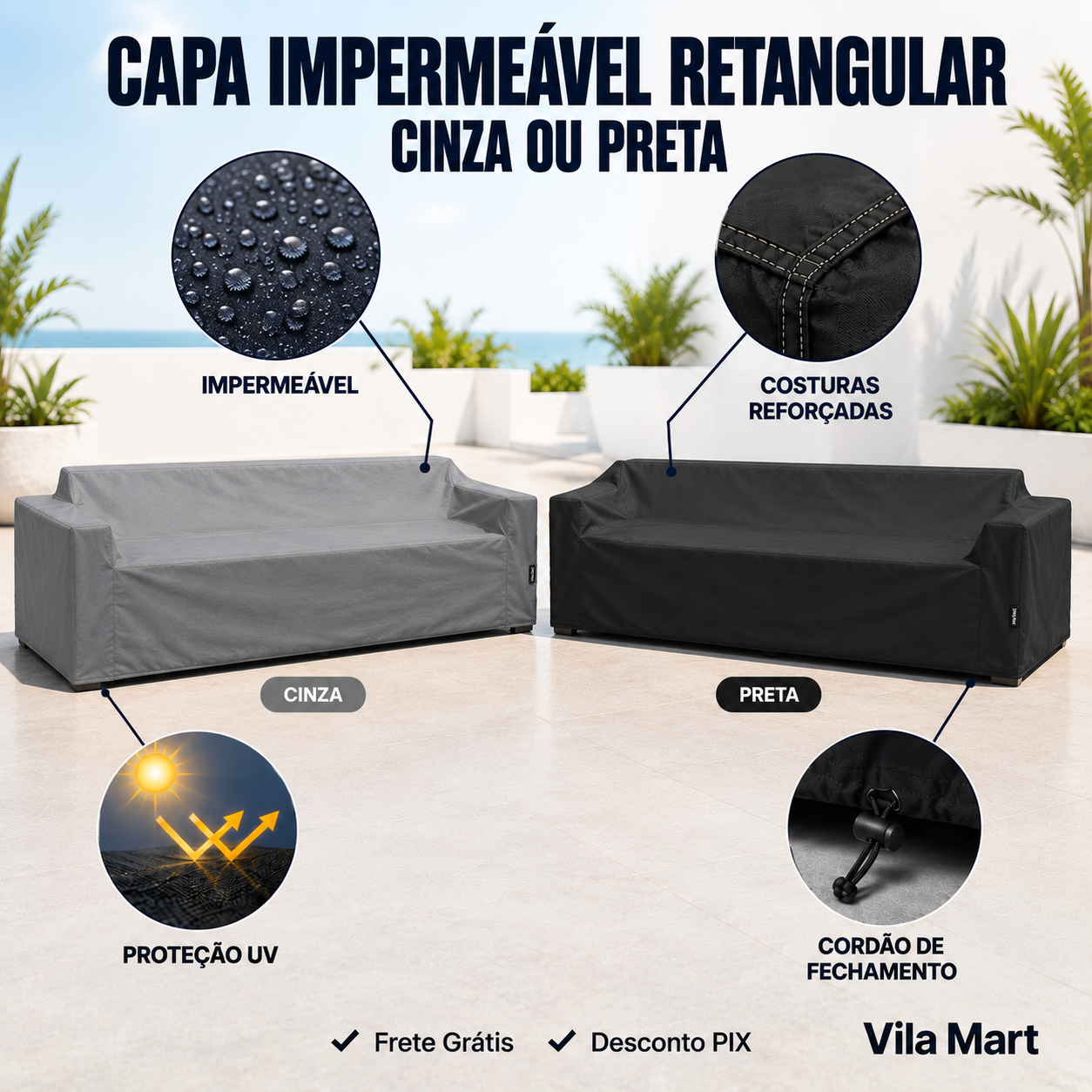 Capa Impermeável Retangular para Móveis Externos — Cinza ou Preta